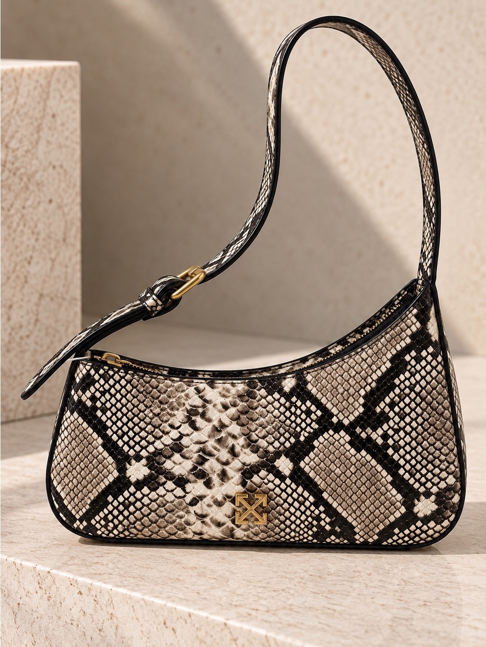 Off-White Beige and Black Snake-Print Shoulder Bag